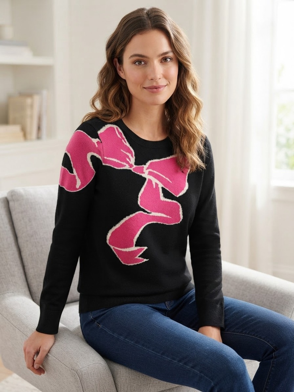 LILLY PULITZER Black Cashmere Sweater with Pink Bow